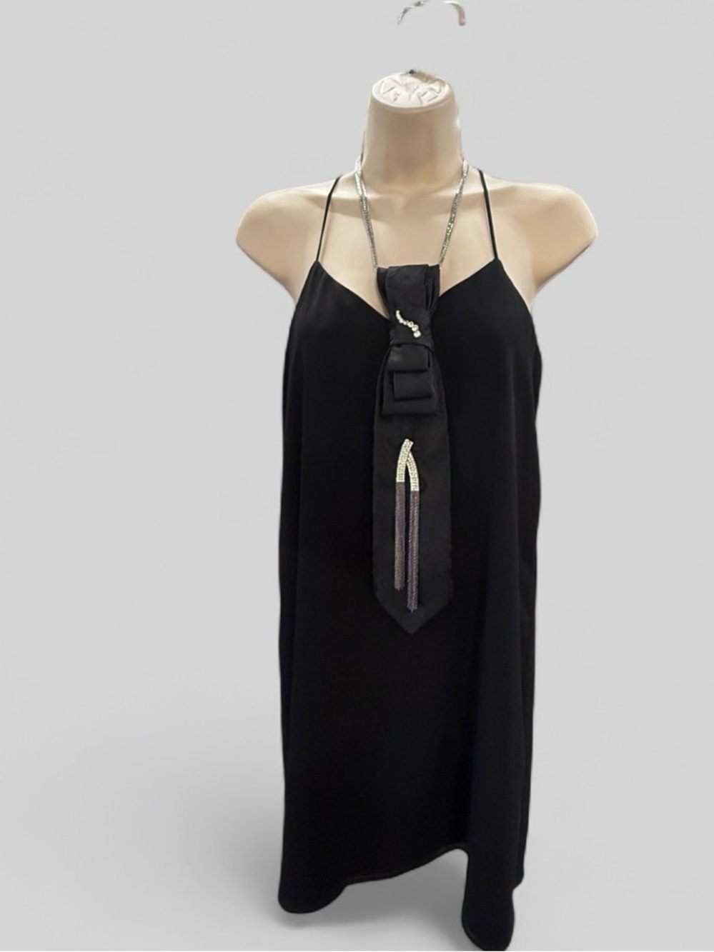 Necktie Necklace Black Brocade Vintage Rhinestone Jewelry Accent Fringe Festival